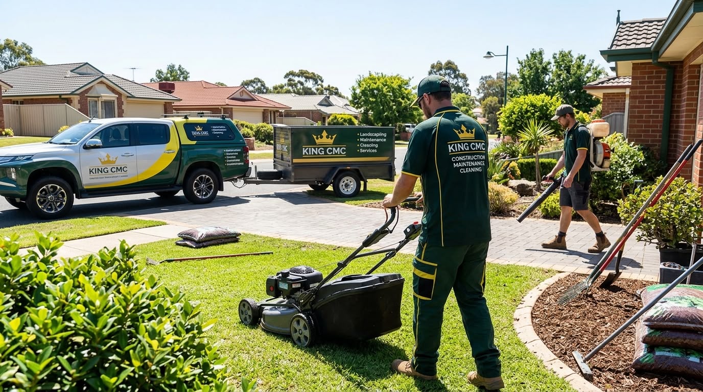Branded King CMC van and crew carrying out grounds maintenance at a home