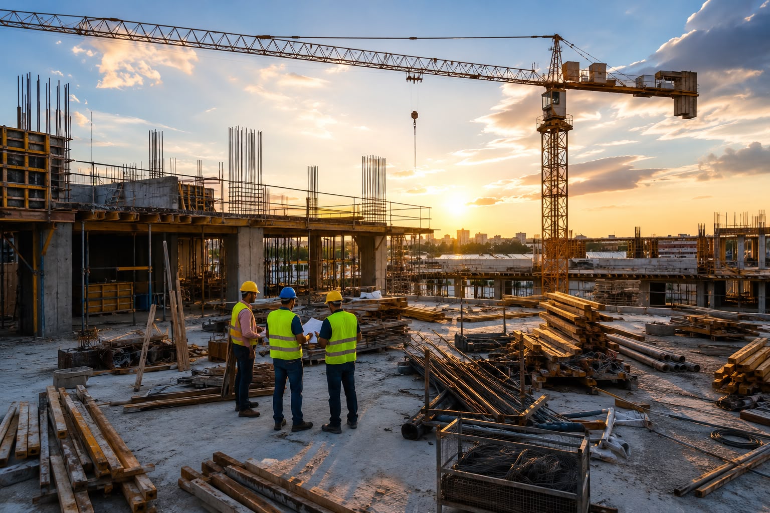King CMC construction crew on a structural site at golden hour